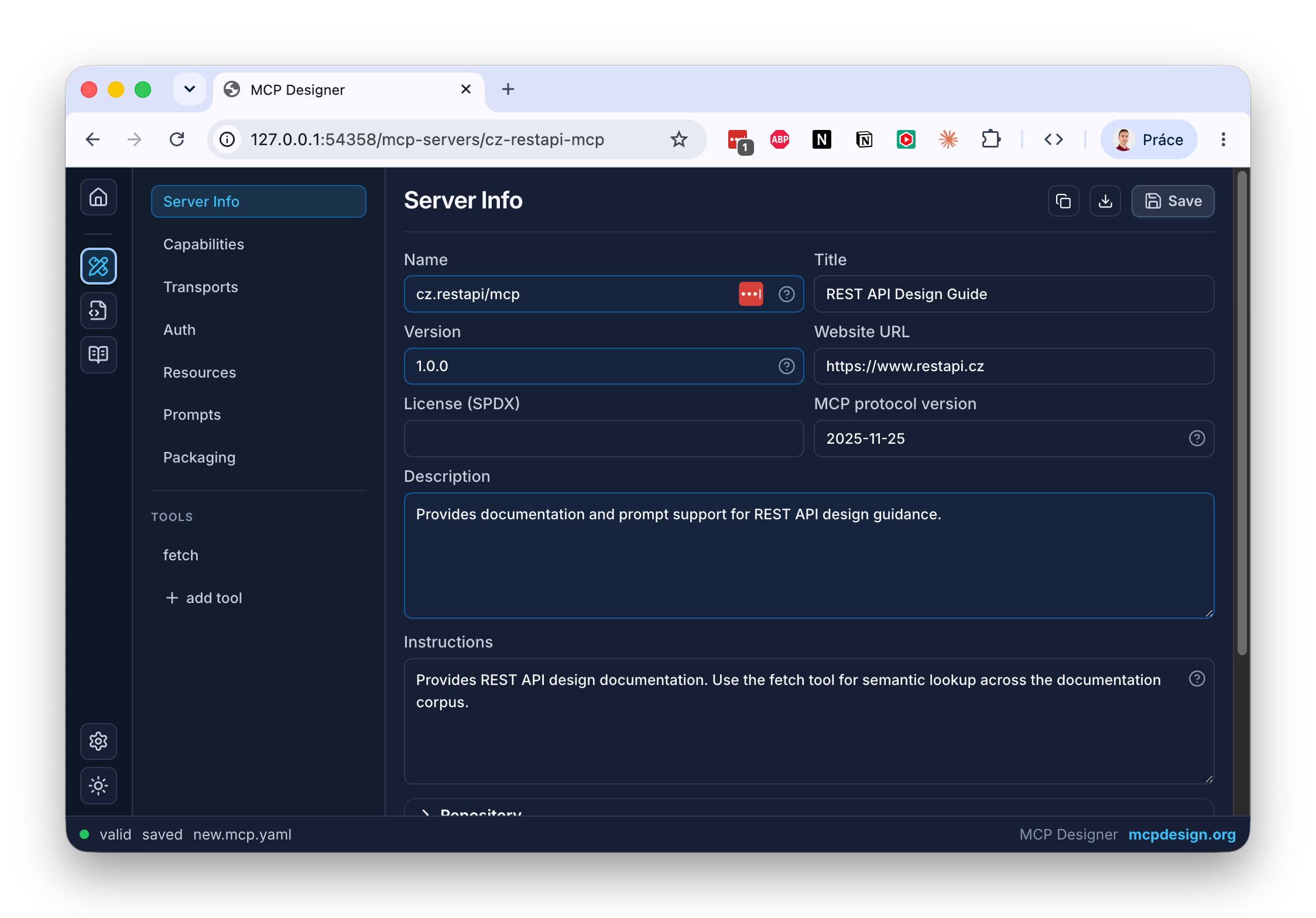MCP Designer dark interface editing an MCPDS document